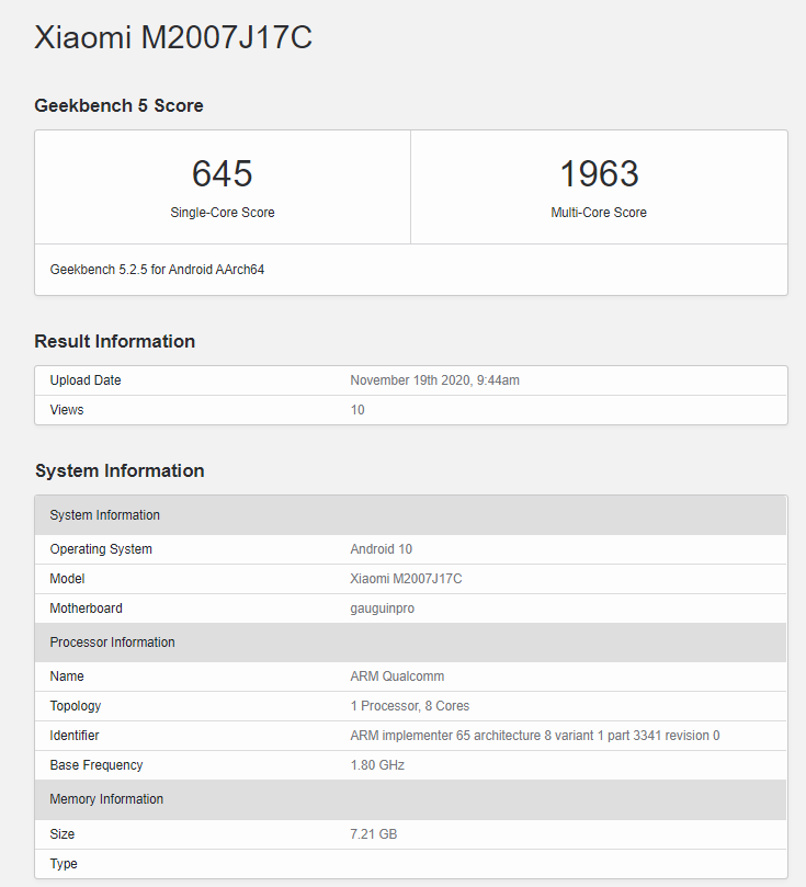 Redmi Note 9 High Edition Geekbench