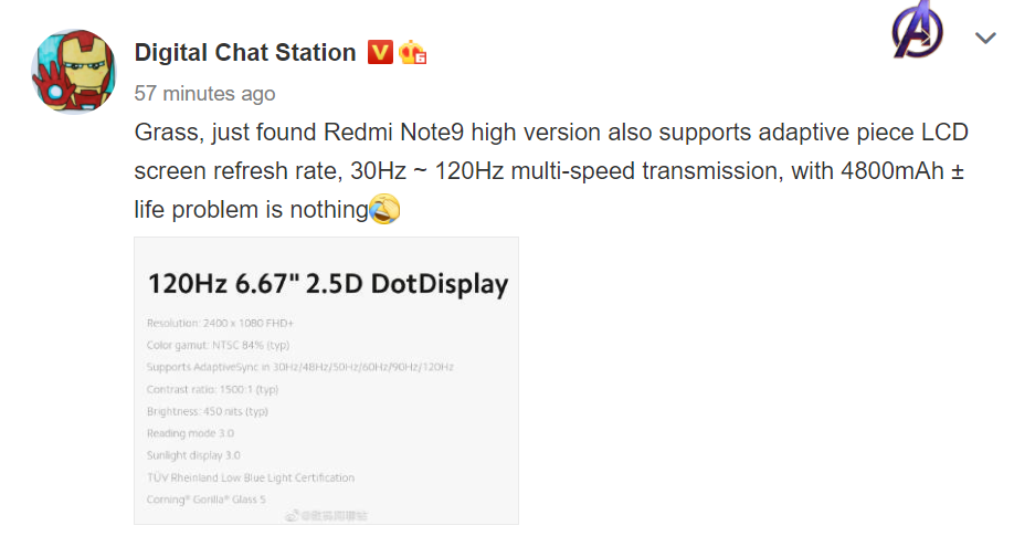 Redmi Note 9 high version display details