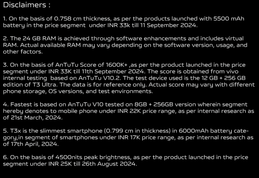 Vivo T3 Ultra disclaimer