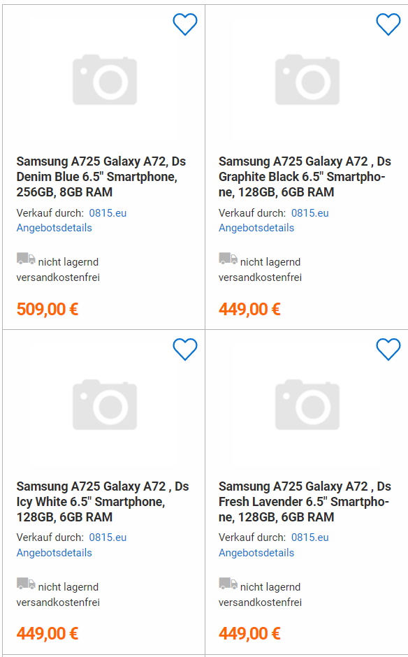 Samsung Galaxy A72 pricing